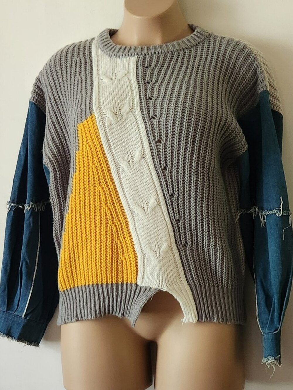 Heavy Sweater denim sleeves sz XL oversized white gray blue VGUC